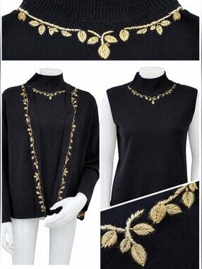 Vintage Black Knit Gold Leaf Embroidered Cardigan Shell Sweater Set M